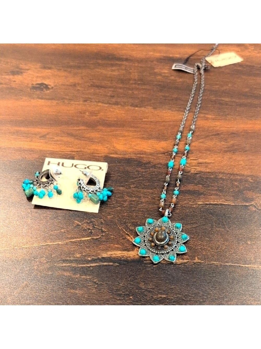 Hugo Faux Turquoise and Silver  Tone Necklace and Earrings Set &Genuine Lucite